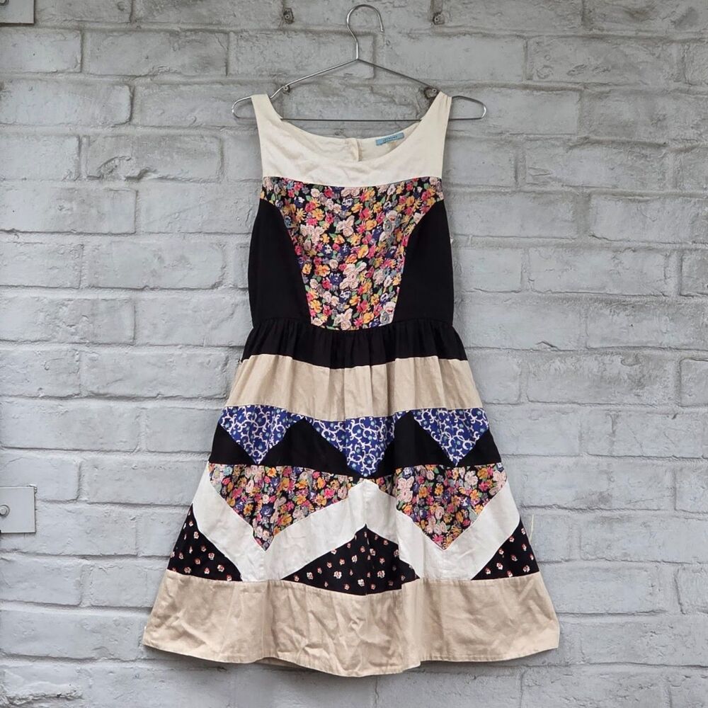 Anthropologie Patchwork Midi Dress — Black, Cream, Navy, Pink Floral